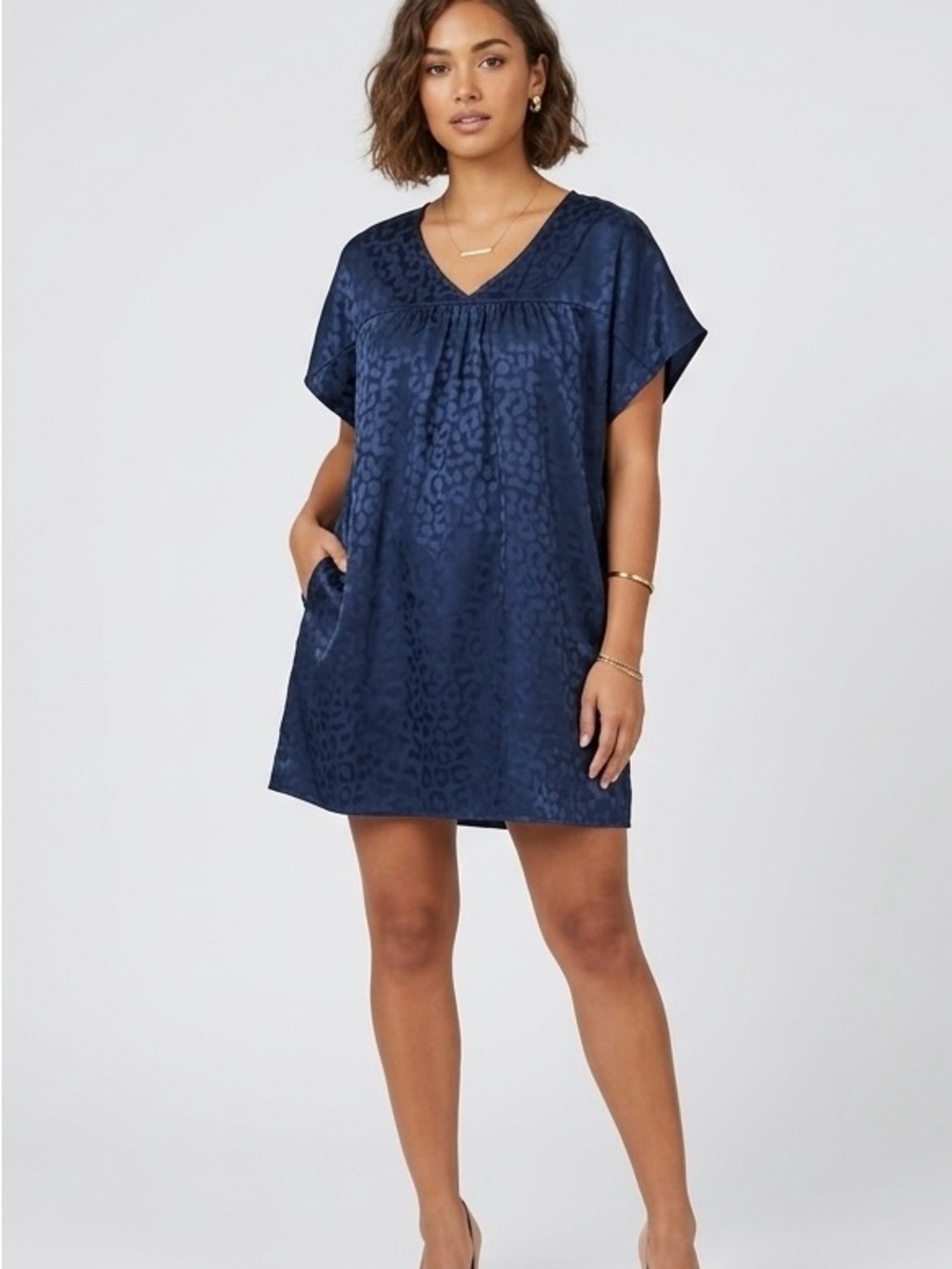 Hayden Los Angeles Navy Blue Jacquard Leopard V-Neck Blouse Mini Dress Plus Size